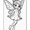 A cartoon-style fairy with large wings, wearing a sleeveless dress and standing in a playful pose with one hand raised and a cheerful expression. The illustration is in black and white, suitable for coloring.
