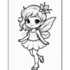 A cute cartoon fairy girl with wavy hair and a flower in her hair, wearing a short skirt and sandals, with butterfly wings, posed cheerfully as she walks.