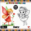 Fairy-themed coloring pages featuring a colorful illustration of a fairy and a black and white line art version for kids from artcoloringpage.com.