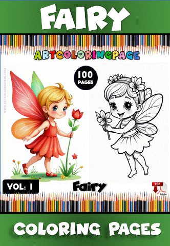 Fairy-themed coloring pages featuring a colorful illustration of a fairy and a black and white line art version for kids from artcoloringpage.com.