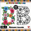 Alphabet flowers coloring page featuring a colorful floral 