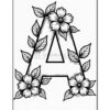 The letter 'A' decorated with various flowers and leaves in a black and white drawing style.