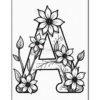 A large, floral letter 'A' design featuring several detailed flowers and leaves around it, all drawn in a black outline style on a white background.