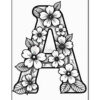 A decorated capital letter 'A' featuring intricate floral designs, including various flowers and leaves, set against a blank background.