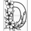 A large, decorative letter 'D' surrounded by flowers and leaves, designed for coloring.