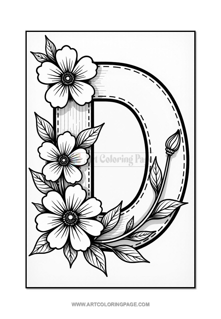 A large, decorative letter 'D' surrounded by flowers and leaves, designed for coloring.