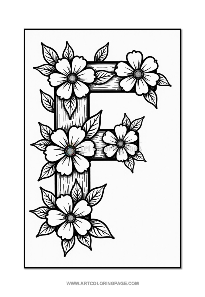 A decorative letter 'F' adorned with blooming flowers and leaves, set against a plain white background.