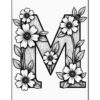 A large letter 'M' decorated with floral designs, featuring various flowers and leaves intricately detailed around and within the letter. The design is outlined in black on a white background.