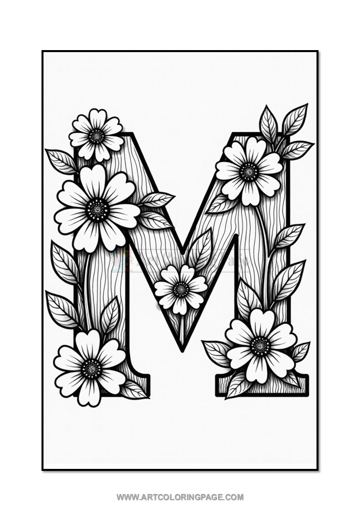 A large letter 'M' decorated with floral designs, featuring various flowers and leaves intricately detailed around and within the letter. The design is outlined in black on a white background.