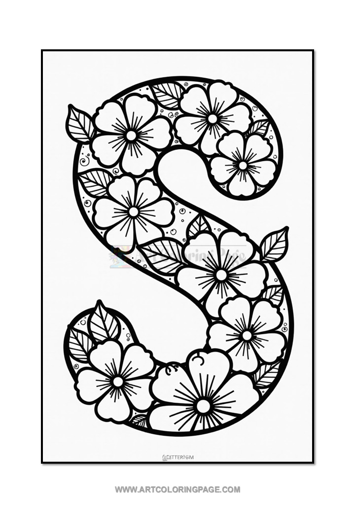 A stylized letter 'S' filled with intricate floral patterns, featuring various flowers and leaves, on a white background.