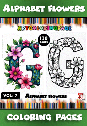 A decorative letter 'G' surrounded by floral designs, labeled "Alphabet Flowers," from the cozy coloring book series on artcoloringpage.com.