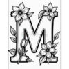 A stylized letter 'M' adorned with various floral designs, including blossoms and leaves, in a black and white illustration.