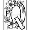 A black and white illustration of the letter 'Q' decorated with flowers and leaves, suitable for coloring.