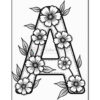 A large, decorative letter 'A' outlined in black, adorned with various flowers and leaves, set against a white background.