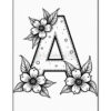 A decorative letter 'A' surrounded by detailed flowers and leaves, outlined in black on a white background, suitable for coloring.