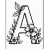 A large, decorative letter 'A' surrounded by floral elements and leaves, designed in black line art style on a white background.