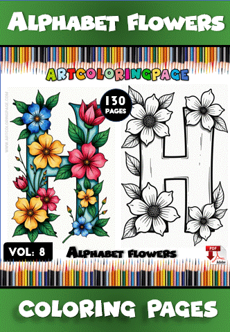 Floral-themed alphabet coloring page featuring a vibrant letter H surrounded by colorful flowers, promoting artcoloringpage.com and cozy coloring pages.