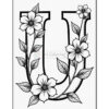 A decorative coloring page featuring the letter 'U' adorned with floral designs and leaves, outlined in black against a white background.