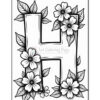 A large, decorative letter 'H' surrounded by floral designs and leaves, intended for coloring. The letter is outlined, and the flowers are detailed with petals and centers.