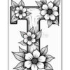 The letter 'T' artistically designed with large floral elements and leaves surrounding it, in a black and white coloring page style.