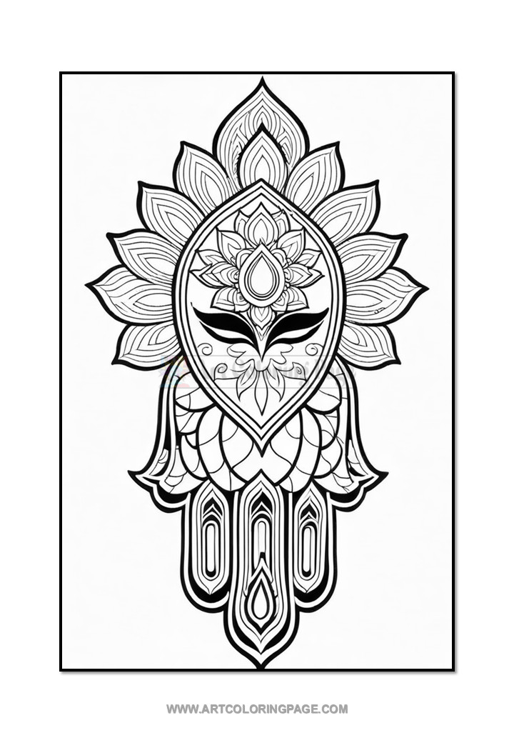 A detailed black and white line drawing featuring a lotus flower at the top, with a symmetrical design that incorporates elements of mandalas and a stylized hand below, resembling a hamsa symbol, set against a plain white background.