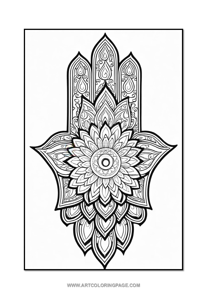 A detailed black and white illustration of a hand symbol with intricate floral patterns radiating from a central lotus flower, framed by pointed ornate shapes at the top.