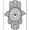 A detailed black and white illustration featuring a large lotus flower with an eye at its center, surrounded by intricate patterns and shapes resembling hand motifs and decorative elements, set against a plain background.