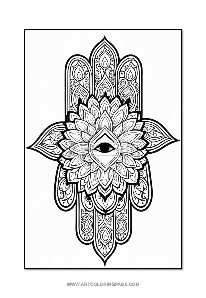 A detailed black and white illustration featuring a large lotus flower with an eye at its center, surrounded by intricate patterns and shapes resembling hand motifs and decorative elements, set against a plain background.