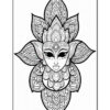 A detailed black and white illustration of a stylized face with intricate floral patterns surrounding it, resembling a lotus flower. The design features symmetrical petals and decorative elements, conveying an artistic and serene aesthetic.