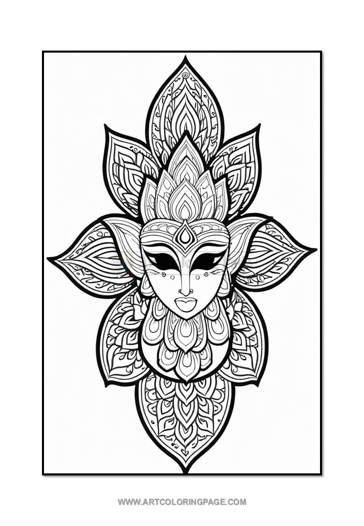 A detailed black and white illustration of a stylized face with intricate floral patterns surrounding it, resembling a lotus flower. The design features symmetrical petals and decorative elements, conveying an artistic and serene aesthetic.