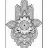 A detailed black and white mandala design featuring intricate floral patterns and a central circular motif, contained within a symmetrical, hand-shaped outline. The artwork showcases delicate linework and ornamental flourishes, making it suitable for coloring.