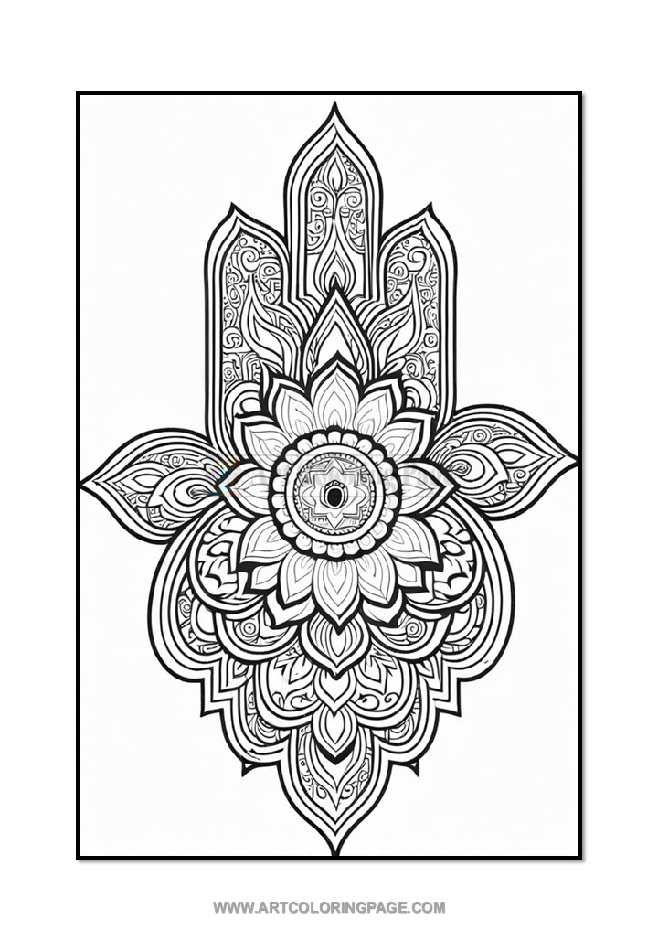 A detailed black and white mandala design featuring intricate floral patterns and a central circular motif, contained within a symmetrical, hand-shaped outline. The artwork showcases delicate linework and ornamental flourishes, making it suitable for coloring.