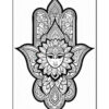A black and white intricate mandala design featuring a floral pattern with a central face surrounded by ornate details and symmetry, resembling a spiritual or decorative motif.