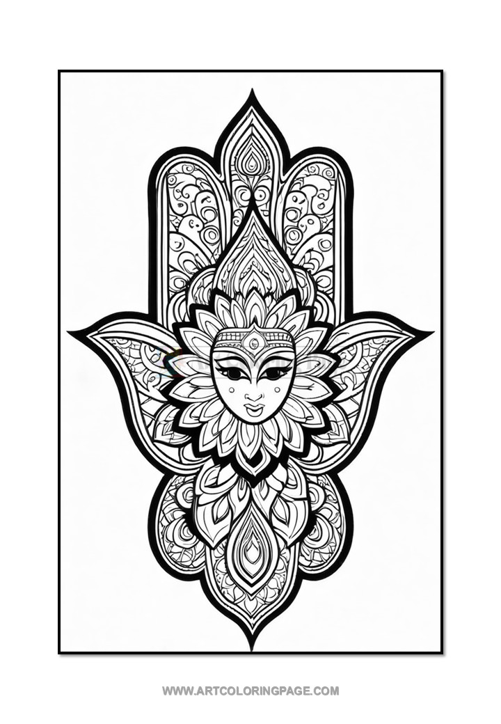 A black and white intricate mandala design featuring a floral pattern with a central face surrounded by ornate details and symmetry, resembling a spiritual or decorative motif.