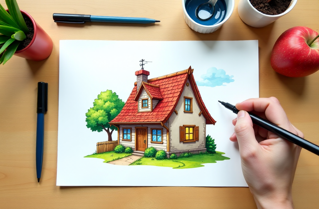 A person drawing a colorful cartoon-style house with a red roof on a sheet of paper, placed on a wooden table. Surrounding items include a green potted plant, an apple, pens, a container with blue paint, and a cup with dirt.