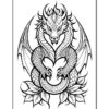 A stylized illustration of a dragon sitting on a circular form, surrounded by leaves. The dragon features ornate details on its head and body, with large wings folded at its sides. The artwork is outlined in black and designed for coloring.