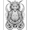 A detailed black and white illustration of a mythical dragon-like creature with a lion's face and long, flowing horns, surrounded by ornate floral patterns and swirling shapes.