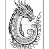 A detailed line art illustration of a dragon coiled in a circular shape, featuring intricate scales and a fierce expression, surrounded by swirling leaves and foliage.