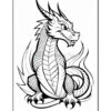 A detailed black and white illustration of a dragon, featuring a fierce expression, scaly body, and long, curved tail, with prominent horns and whiskers.