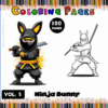 Ninja Bunny coloring pages from a coloring book featuring both colored and black-and-white illustrations, labeled 