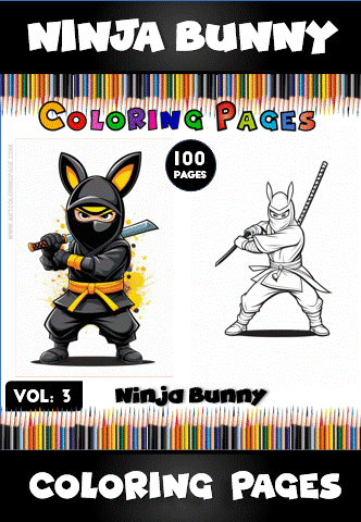 Ninja Bunny coloring pages from a coloring book featuring both colored and black-and-white illustrations, labeled "free coloring pages."