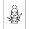 A cartoon-style ninja character stands confidently, wearing a hood and armor, holding swords in both hands, with a distinctive helmet that has pointed features.