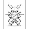 A cartoon-style ninja character, wearing a mask and a traditional ninja outfit, stands confidently with arms crossed, holding two swords behind his back. The design is in black and white, suitable for coloring.