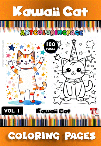 Two kawaii cats ready for coloring, one colored and one in black and white, from a cozy coloring book series on artcoloringpage.com.