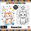 Kawaii cat coloring pages featured in a cozy coloring book from artcoloringpage.com, highlighting cheerful character designs and stars.