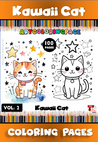 Kawaii cat coloring pages featured in a cozy coloring book from artcoloringpage.com, highlighting cheerful character designs and stars.