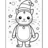 A cartoon cat wearing a floppy Christmas hat, with large eyes and a smiling expression, standing against a backdrop of stars and circles.