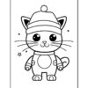 A cute cartoon cat wearing a winter hat with a pom-pom and a cozy outfit, standing with a friendly expression; surrounded by small stars, designed for coloring.