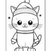 A cute, cartoon-style black and white illustration of a cat wearing a beanie and a scarf, standing upright with big eyes, in a simple, playful design. There are stars on either side of the cat.