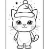 A cartoon-style illustrated cat wearing a Santa hat, with large expressive eyes, whiskers, and standing against a background of small stars.